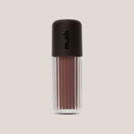 A single lip gloss bottle from the brand m.ph, featuring a ribbed clear glass body showing a dusty rose-brown gloss and a matte black cap with the brand name printed vertically.