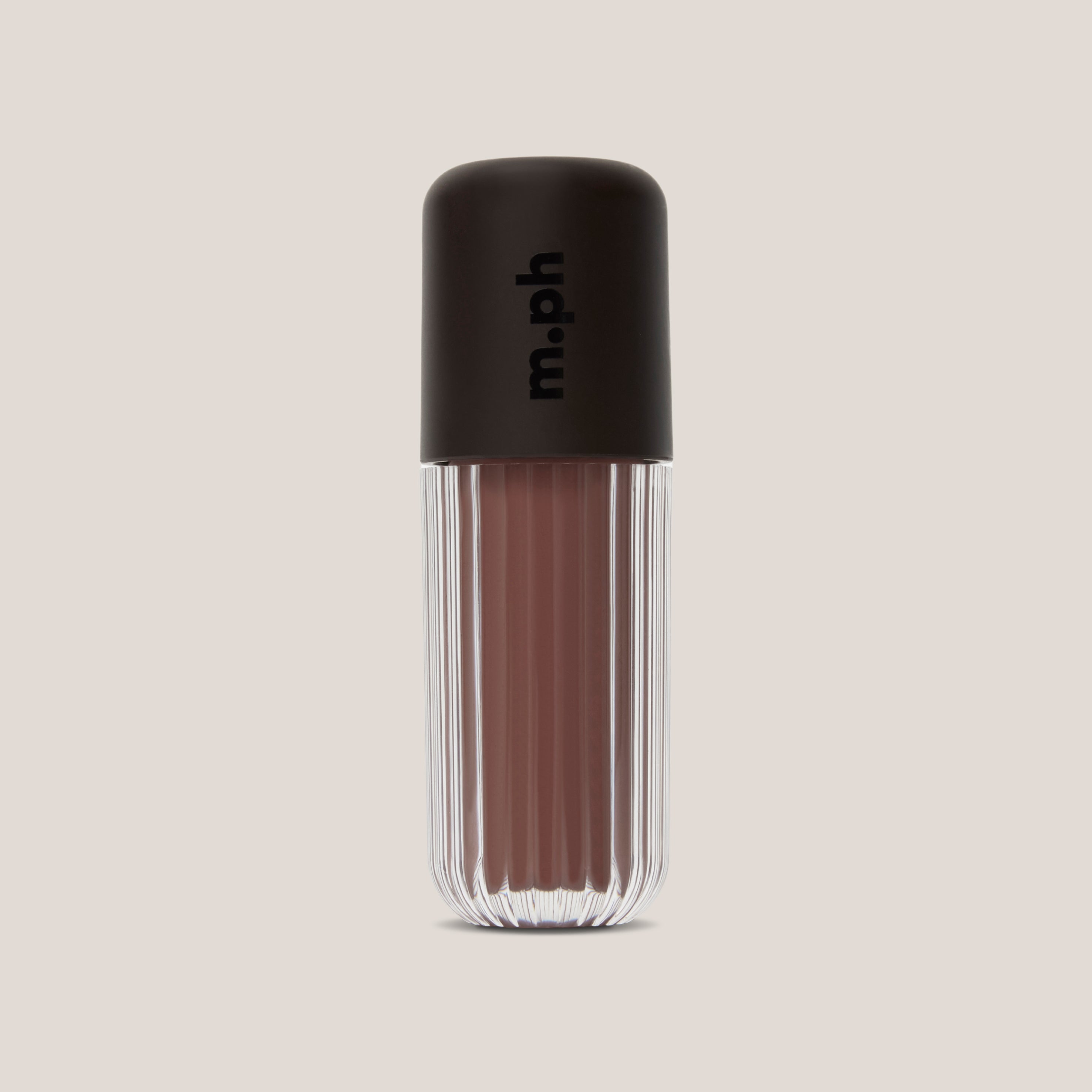 A single lip gloss bottle from the brand m.ph, featuring a ribbed clear glass body showing a dusty rose-brown gloss and a matte black cap with the brand name printed vertically.