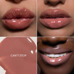 Four-panel close-up showing glossy nude pink lips, a matching lip swatch, and the text CAN'T STOP.