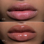 Close-up before-and-after comparison of lips wearing a glossy lip product. The top panel labeled BEFORE shows natural lips, and the bottom panel labeled AFTER CAN'T STOP shows fuller, shinier, and more saturated lips.