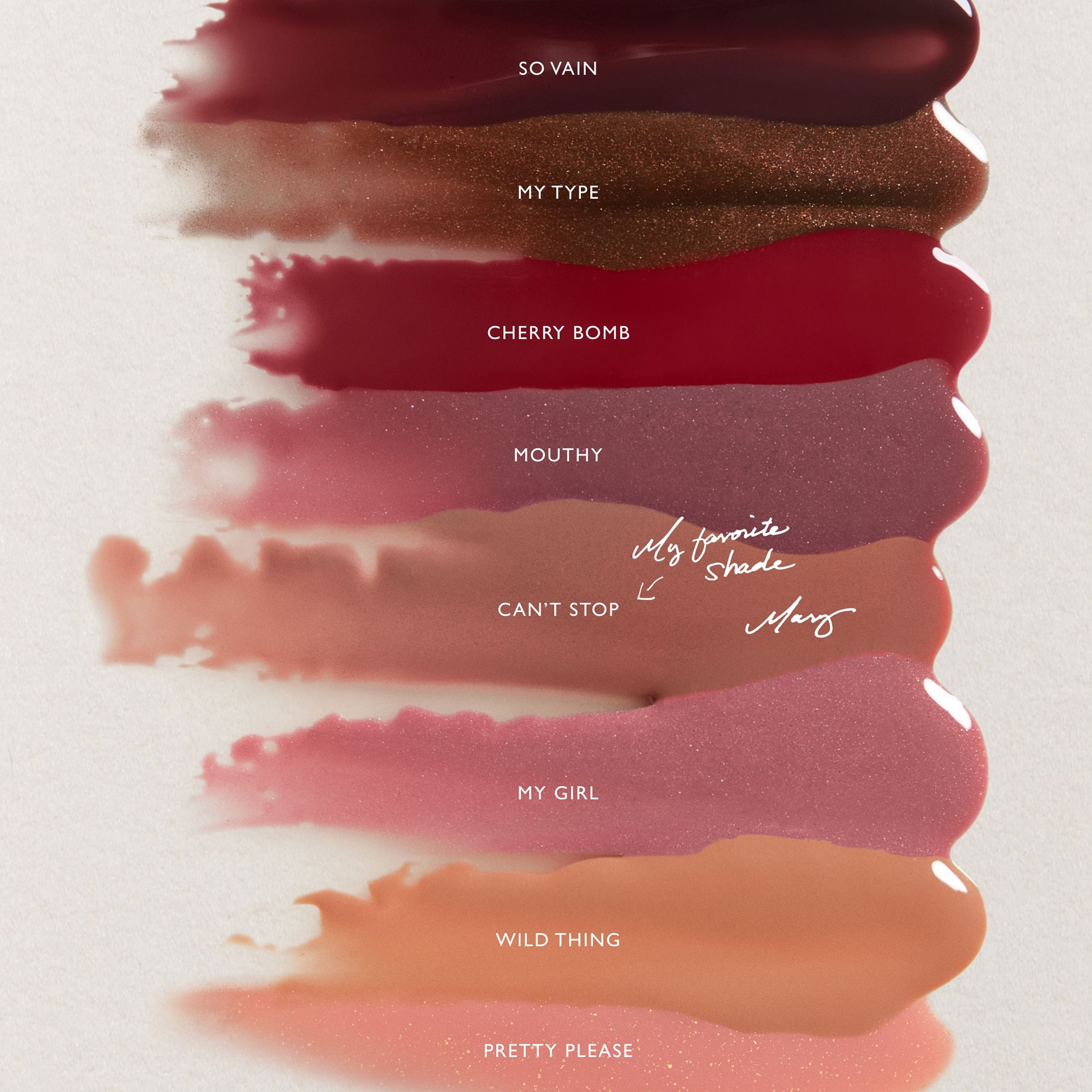 A vertical swatch display of eight lipstick shades on a light beige background, labeled with names such as So Vain, My Type, Cherry Bomb, Mouthy, Can't Stop, My Girl, Wild Thing, and Pretty Please. Handwritten text notes one shade as the favorite and mentions Mary.