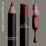 Three-step makeup application graphic showing Mary's Signature Lip line: step 1 The Overliner Lip Pencil, step 2 Lip Ciggy Sheer Lipstick, and step 3 Top Coat Hydrating Lip Gloss, displayed on a neutral gray background with white text.