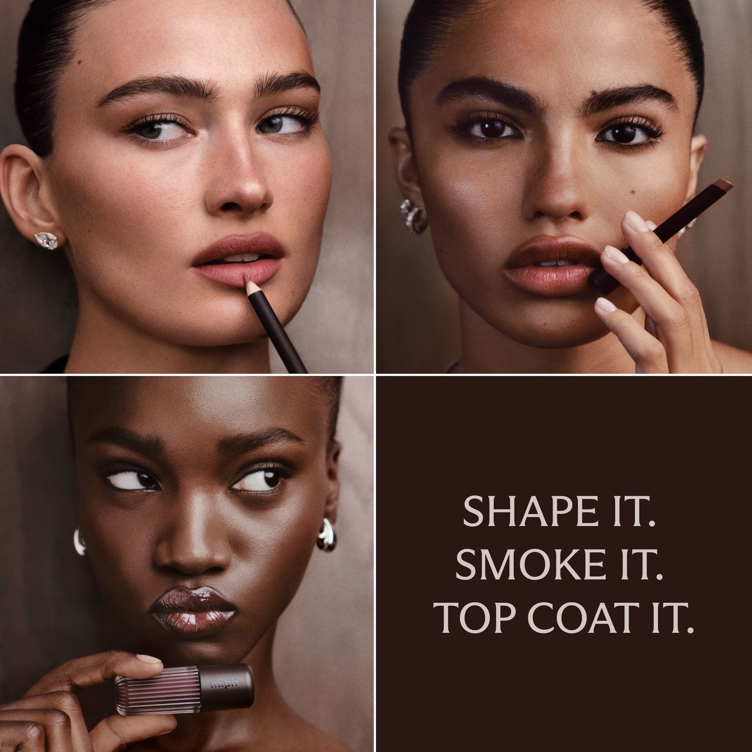 Four-panel beauty collage showing a model applying and wearing a lip product, with the text 'SHAPE IT. SMOKE IT.