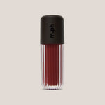 A single lip gloss bottle from the brand m.ph, featuring a ribbed clear glass body showing a deep berry red gloss and a matte black cap with the brand name printed vertically in black.