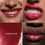 Four-panel close-up showing glossy red lip makeup on different skin tones, with a red liquid swatch and the text 'CHERRY BOMB' in the lower left.