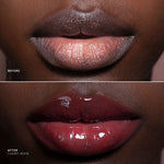 Before-and-after close-up of a model's lips showing a lip color transformation from a matte nude-pink to a glossy deep cherry red.