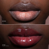 Before-and-after close-up of a model's lips showing a lip color transformation from a matte nude-pink to a glossy deep cherry red.