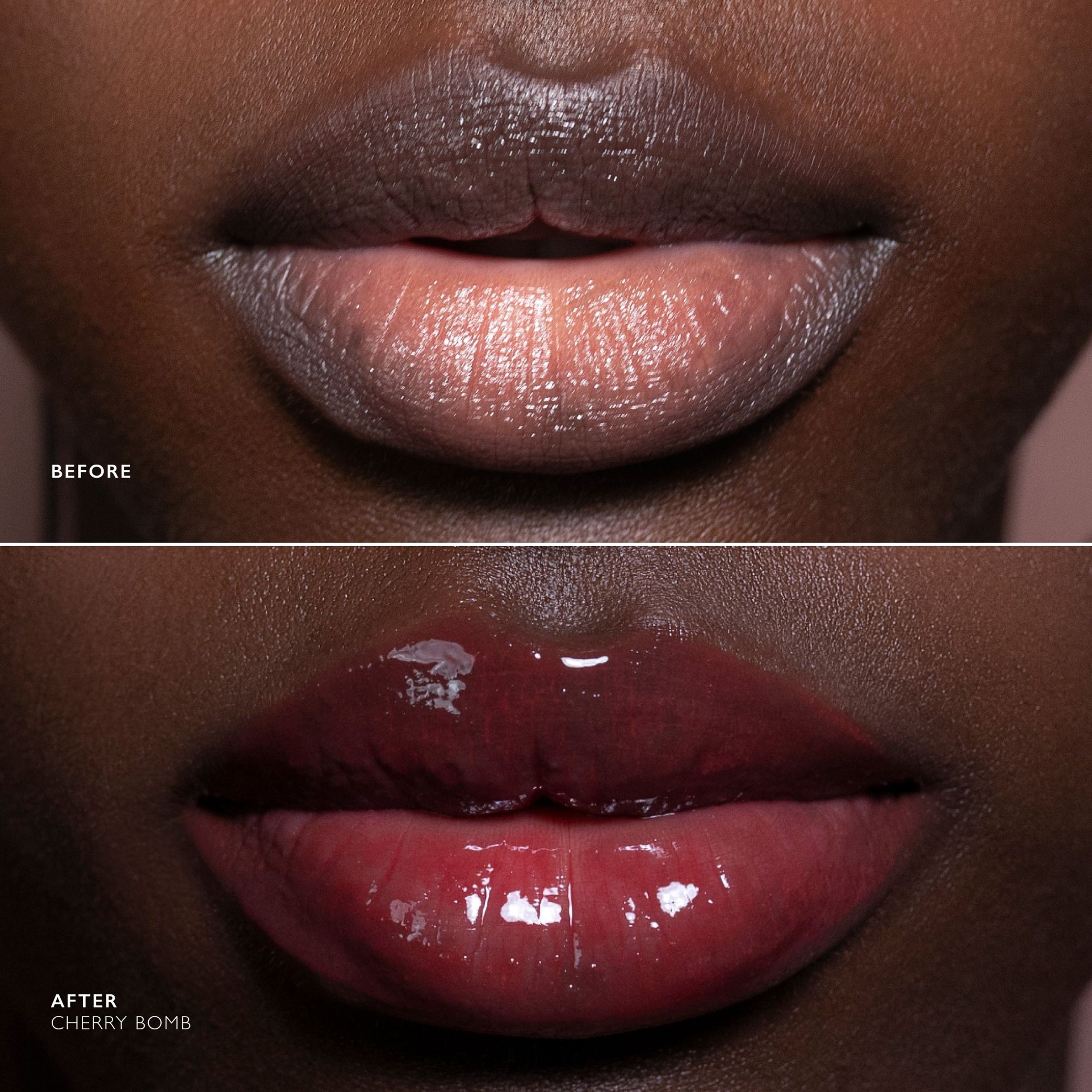 Before-and-after close-up of a model's lips showing a lip color transformation from a matte nude-pink to a glossy deep cherry red.