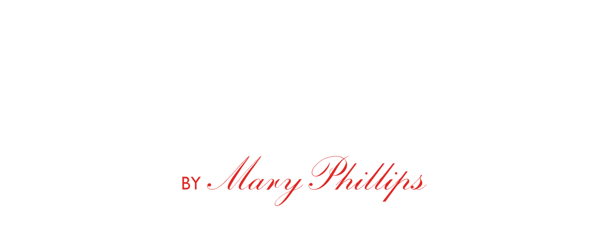 Text 'BY Mary Phillips' in red cursive on a white background