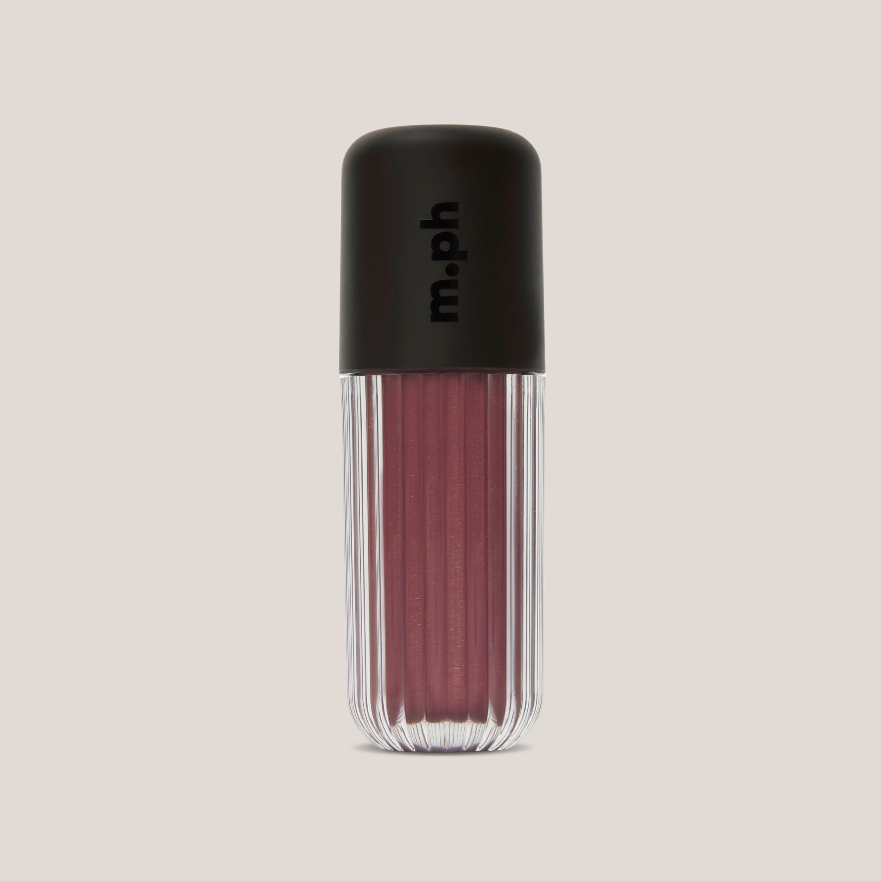 A single lip gloss tube from the brand m.ph, featuring a ribbed clear lower body showing a deep berry pink gloss and a matte black cap with the brand name printed vertically.