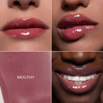 Four-panel close-up showing glossy lip color on different skin tones, plus a swatch panel labeled 'MOUTHY' with a dusty rose pink glitter texture.