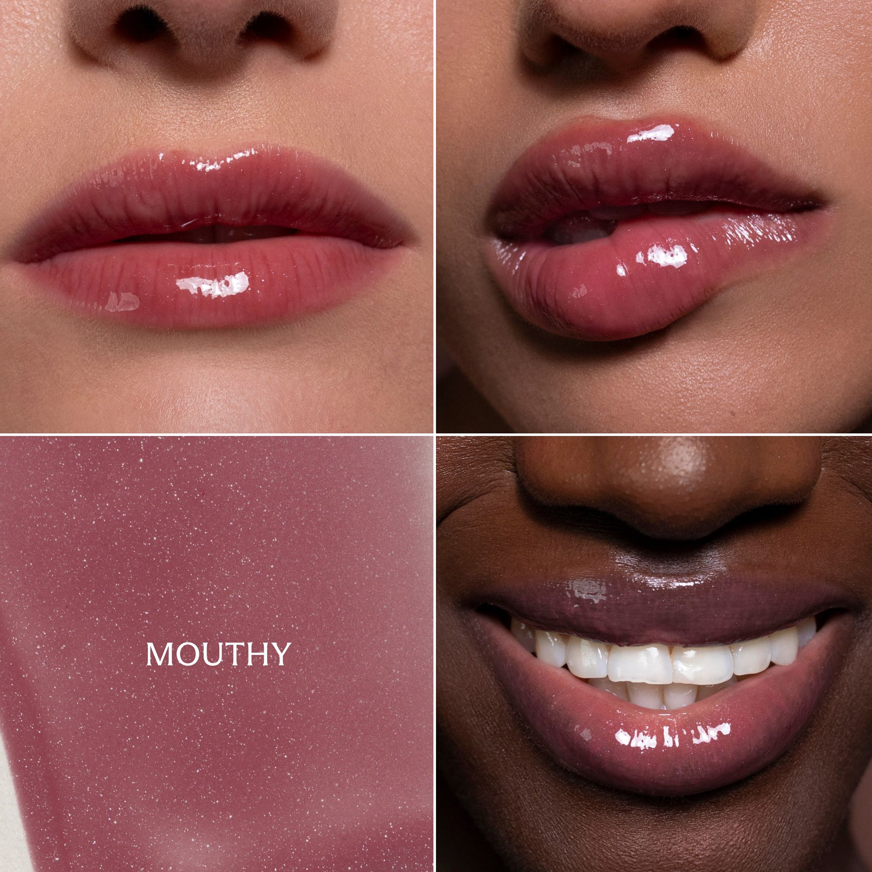 Four-panel close-up showing glossy lip color on different skin tones, plus a swatch panel labeled 'MOUTHY' with a dusty rose pink glitter texture.