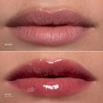 Before-and-after close-up of lips showing a glossy pink lip color applied in the after view, with skin background and small text reading BEFORE and AFTER MOUTHY.