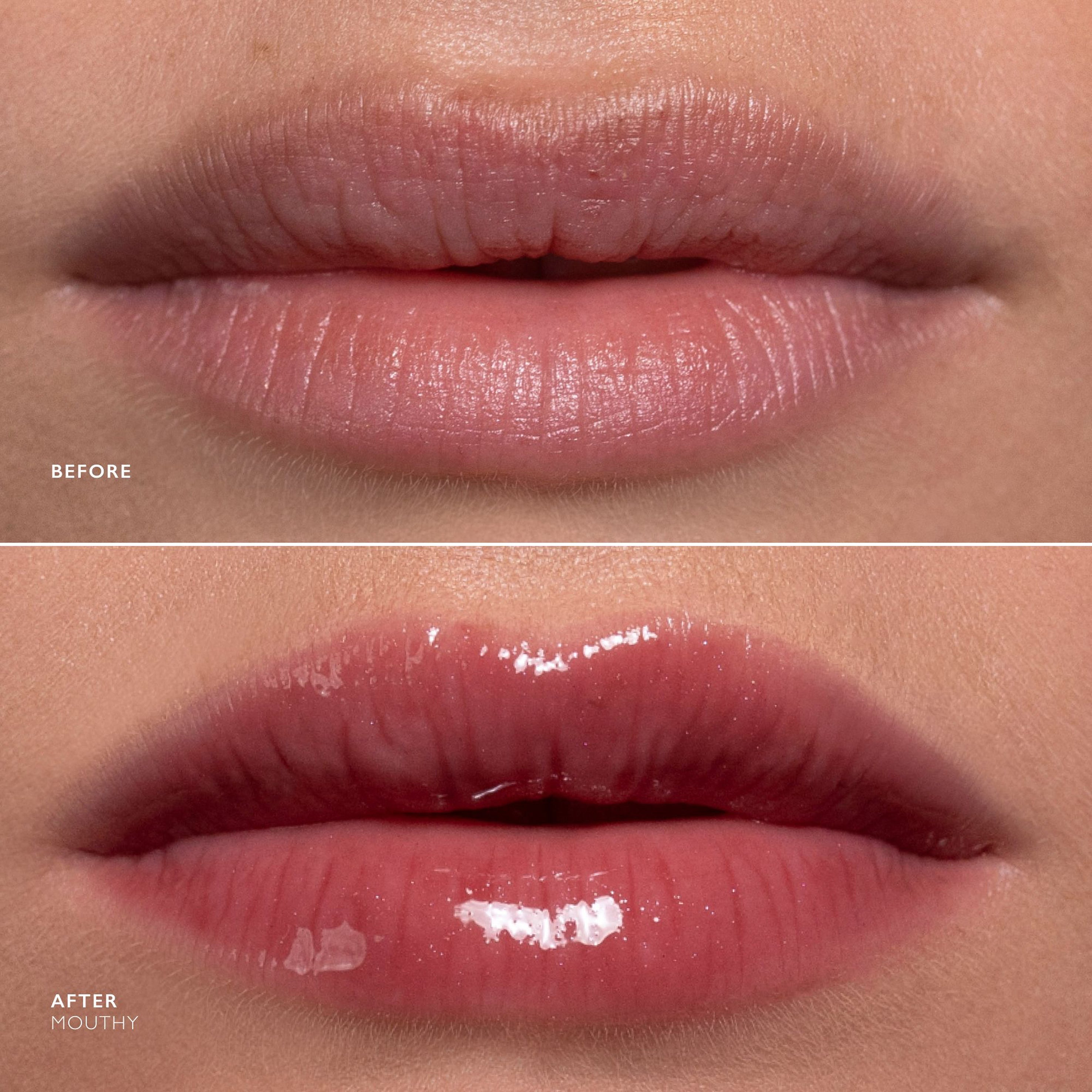 Before-and-after close-up of lips showing a glossy pink lip color applied in the after view, with skin background and small text reading BEFORE and AFTER MOUTHY.