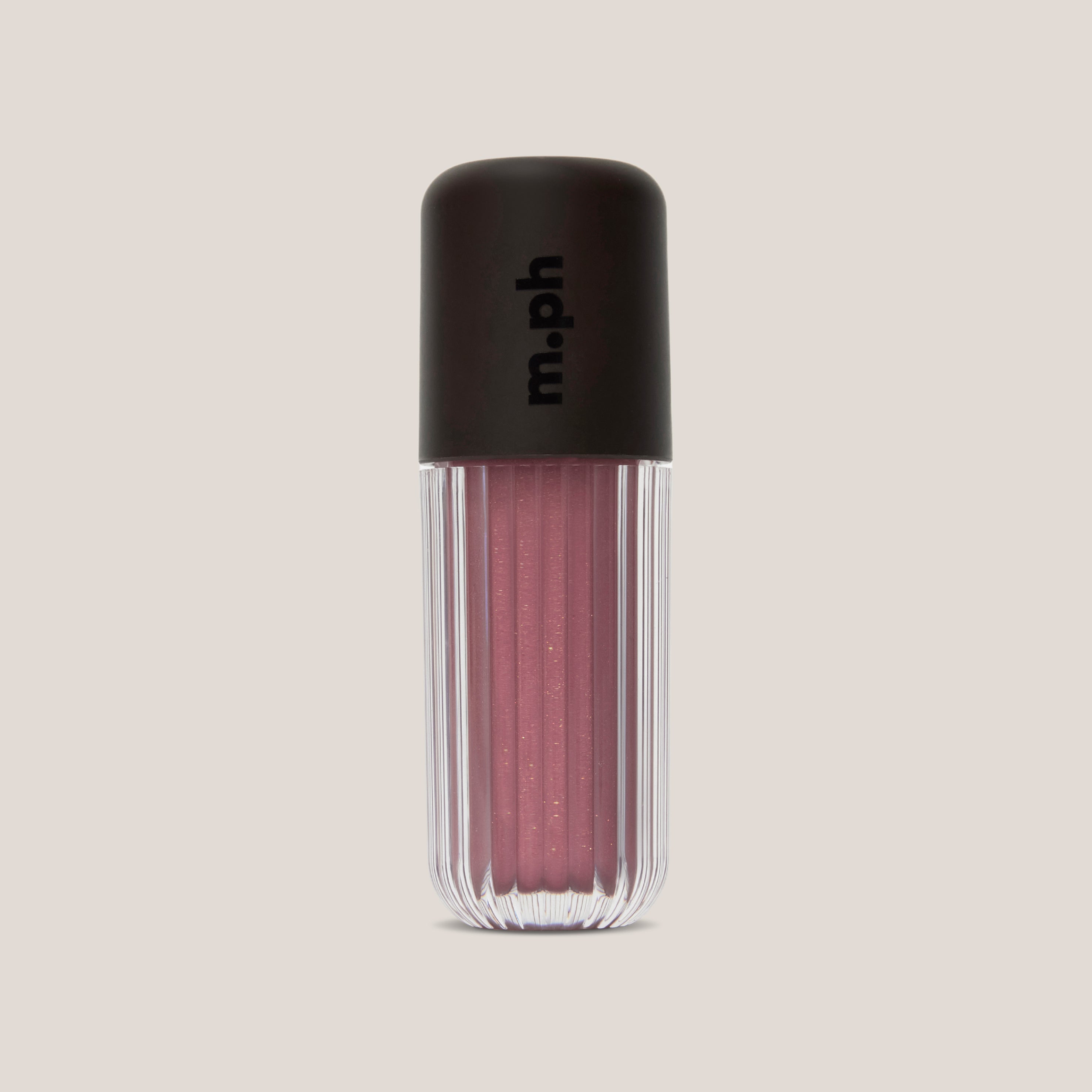 A single lip gloss bottle from the brand m.ph, featuring a ribbed clear plastic container filled with shimmering dusty rose pink gloss, topped with a matte black cap.