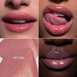 Four-panel close-up collage showing glossy pink lip makeup on different skin tones, with one panel featuring a swatch labeled 'MY GIRL'.