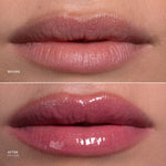 Before-and-after close-up of lips showing a glossy pink lip product. The top labeled 'BEFORE' shows matte natural lips, and the bottom labeled 'AFTER MY GIRL' shows saturated glossy pink lips.