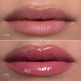 Before-and-after close-up of lips showing a glossy pink lip product. The top labeled 'BEFORE' shows matte natural lips, and the bottom labeled 'AFTER MY GIRL' shows saturated glossy pink lips.