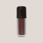 A single lip gloss bottle from the brand m.ph, featuring a ribbed clear lower body showing a shimmering deep berry-brown gloss, topped with a matte black cap.