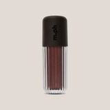 A single lip gloss bottle from the brand m.ph, featuring a ribbed clear lower body showing a shimmering deep berry-brown gloss, topped with a matte black cap.