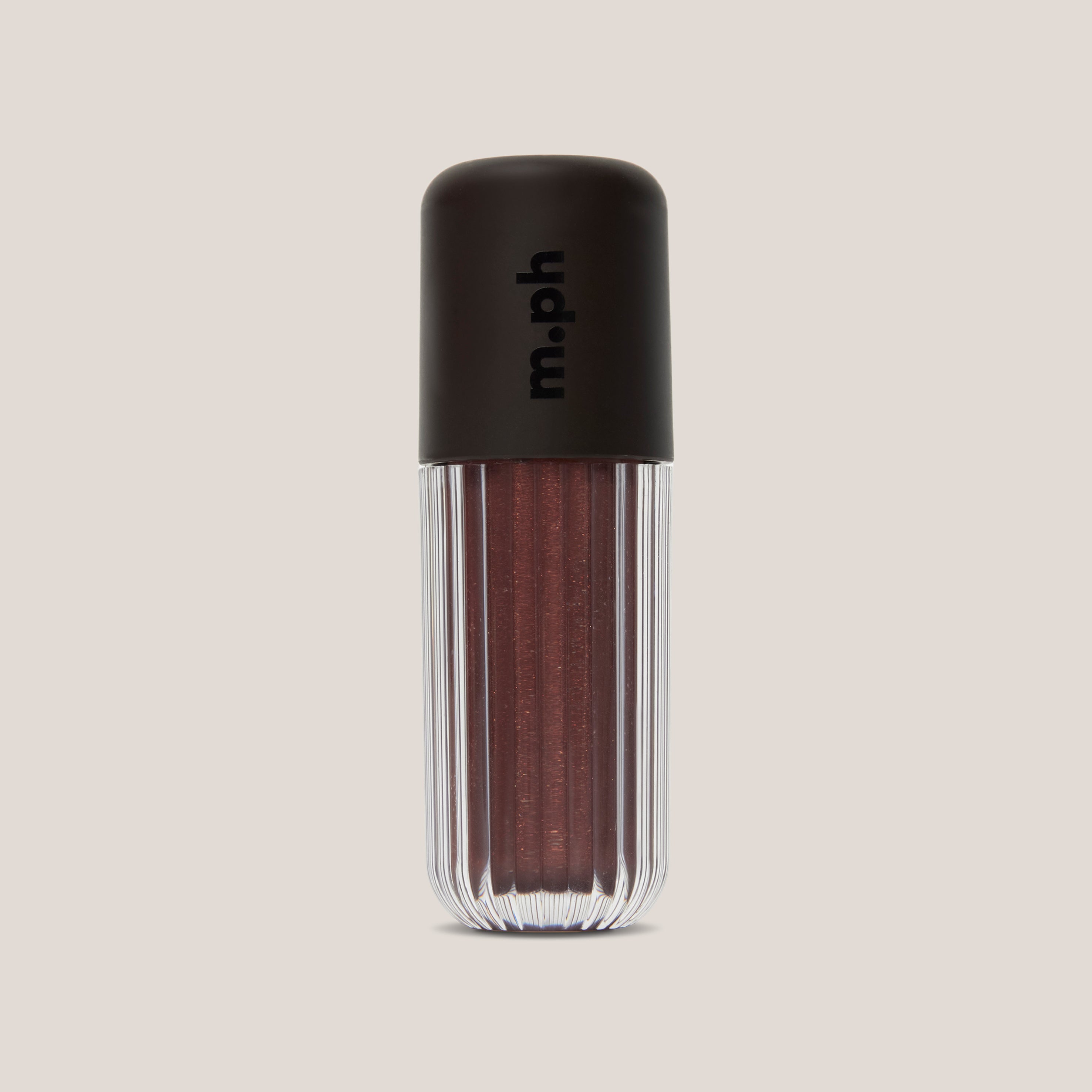 A single lip gloss bottle from the brand m.ph, featuring a ribbed clear lower body showing a shimmering deep berry-brown gloss, topped with a matte black cap.