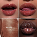 Four-panel close-up showing glossy lip makeup on different skin tones, plus a swatch panel labeled 'MY TYPE' with a warm shimmery nude-brown color.