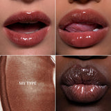 Four-panel close-up showing glossy lip makeup on different skin tones, plus a swatch panel labeled 'MY TYPE' with a warm shimmery nude-brown color.
