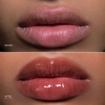 Before-and-after close-up of a person's lips showing a glossy lip product. The top panel is labeled BEFORE and shows matte pink lips.