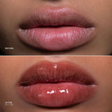 Before-and-after close-up of a person's lips showing a glossy lip product. The top panel is labeled BEFORE and shows matte pink lips.