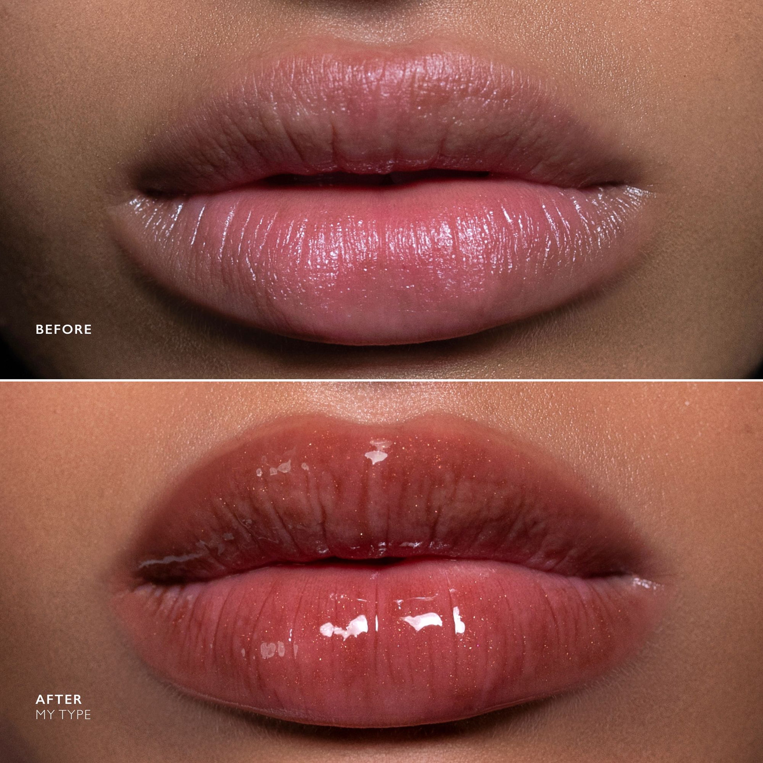 Before-and-after close-up of a person's lips showing a glossy lip product. The top panel is labeled BEFORE and shows matte pink lips.