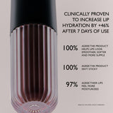 Close-up of a lip product bottle with a black top and a ribbed clear lower section showing a pinkish liquid, alongside marketing text about clinical hydration and user feedback on lips.