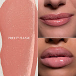 A split-panel cosmetic swatch and lip result image for a glossy lip product. The left panel shows a peachy pink glittery cream swatch with the text 'PRETTY PLEASE' overlaid.