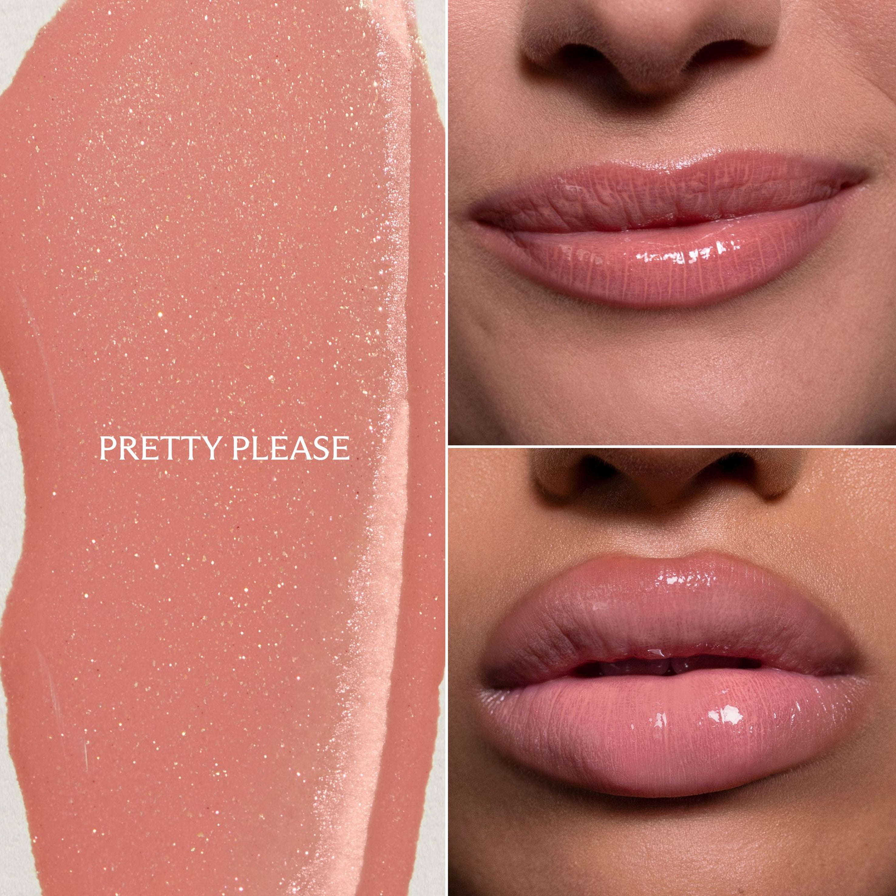 A split-panel cosmetic swatch and lip result image for a glossy lip product. The left panel shows a peachy pink glittery cream swatch with the text 'PRETTY PLEASE' overlaid.