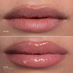 Before and after close-up of a person's lips showing a lip gloss application. The top labeled 'BEFORE' shows matte dusty pink lips, and the bottom labeled 'AFTER PRETTY PLEASE' shows glossy rosy pink lips with shine.