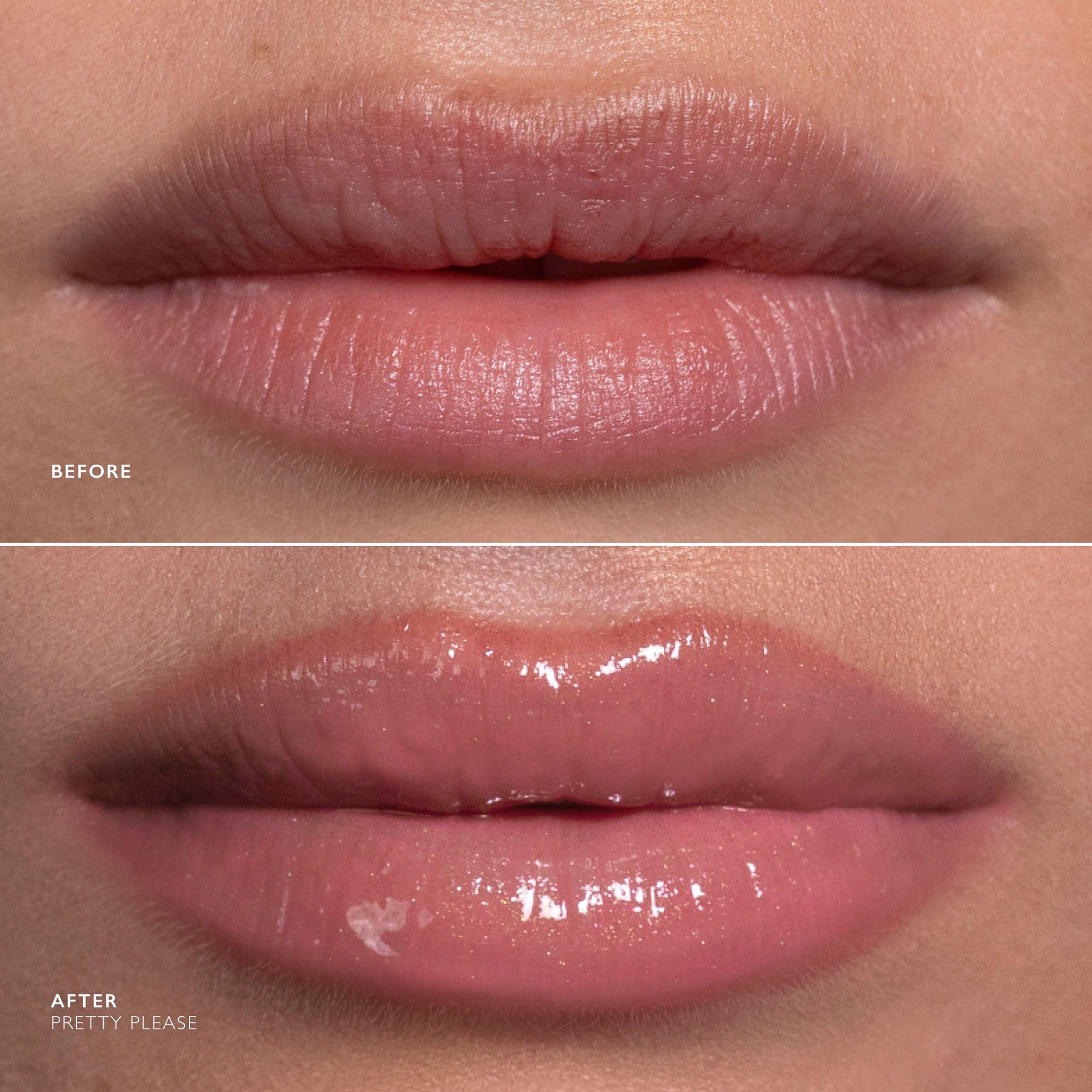 Before and after close-up of a person's lips showing a lip gloss application. The top labeled 'BEFORE' shows matte dusty pink lips, and the bottom labeled 'AFTER PRETTY PLEASE' shows glossy rosy pink lips with shine.
