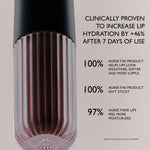 Close-up of a lip product bottle with a black top and a ribbed clear lower section showing a pinkish liquid, alongside marketing text about clinical hydration and user feedback on lips.