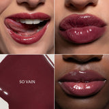 Four-panel close-up showing glossy lip color on lips and a liquid swatch labeled 'SO VAIN' in a deep berry-rose shade.