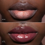 Before and after close-up of a person's lips showing a lip product result. The top labeled 'BEFORE' shows matte nude-pink lips, and the bottom labeled 'AFTER SO VAIN' shows glossy mauve-rose lips.