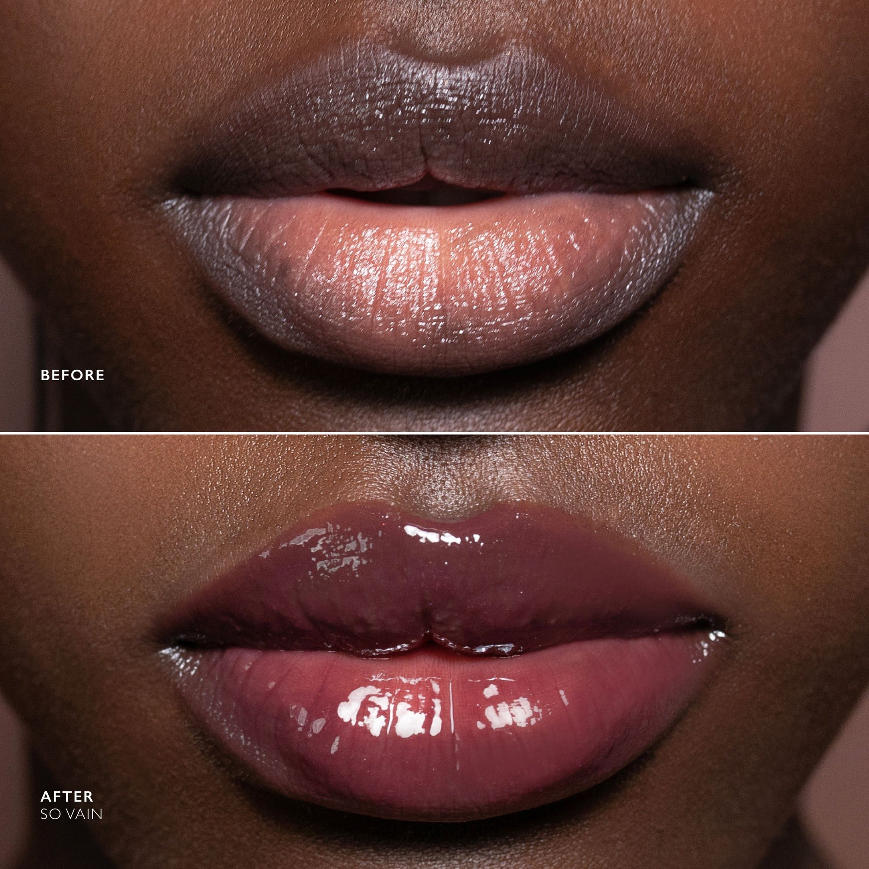 Before and after close-up of a person's lips showing a lip product result. The top labeled 'BEFORE' shows matte nude-pink lips, and the bottom labeled 'AFTER SO VAIN' shows glossy mauve-rose lips.