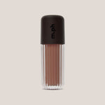 A single lip gloss bottle from the brand m.ph, featuring a ribbed clear glass base showing a warm nude pink-brown shade and a matte dark brown cap with the brand name printed vertically.