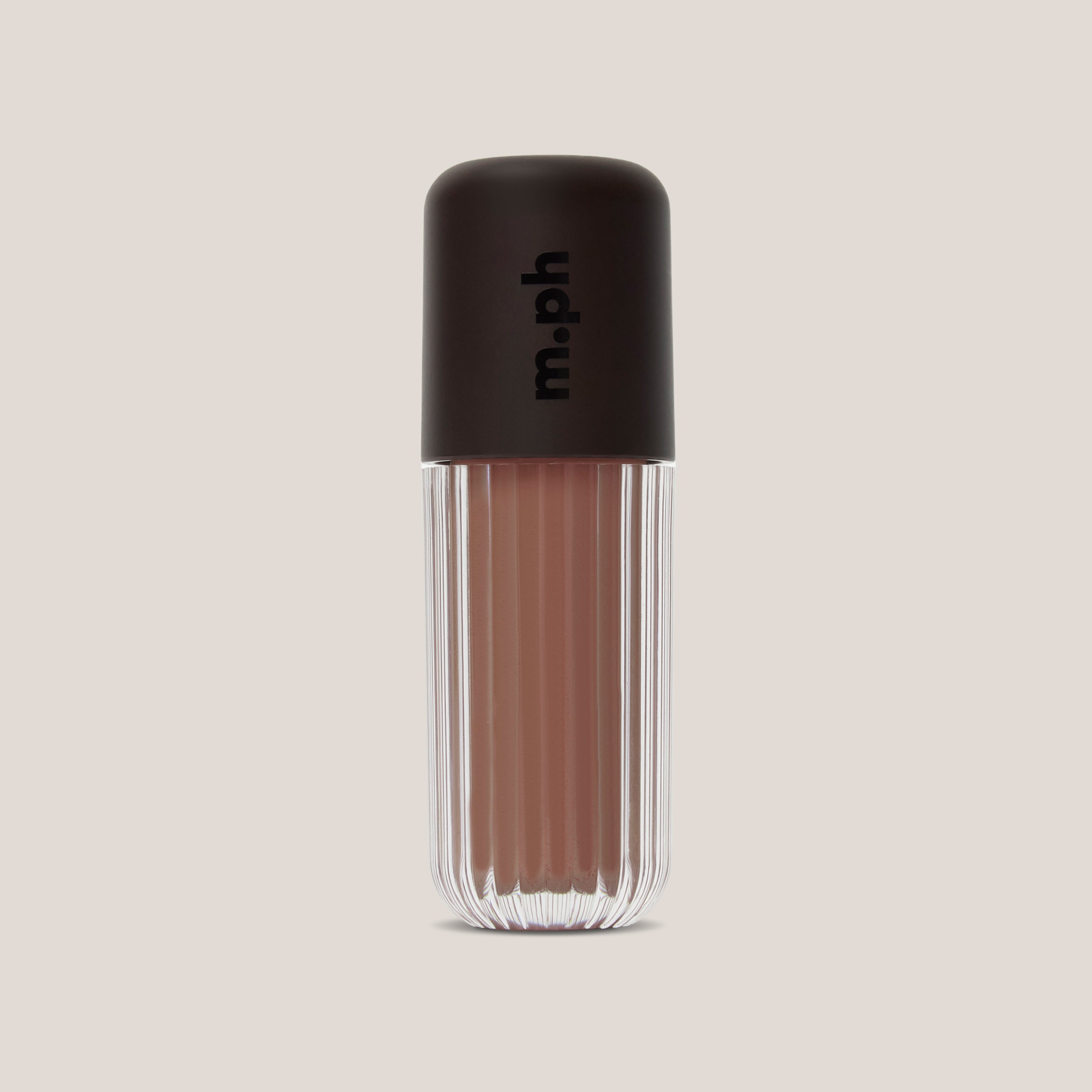 A single lip gloss bottle from the brand m.ph, featuring a ribbed clear glass base showing a warm nude pink-brown shade and a matte dark brown cap with the brand name printed vertically.