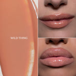 Lip gloss color swatch and model close-up showing a glossy peachy nude shade labeled WILD THING.