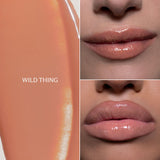 Lip gloss color swatch and model close-up showing a glossy peachy nude shade labeled WILD THING.