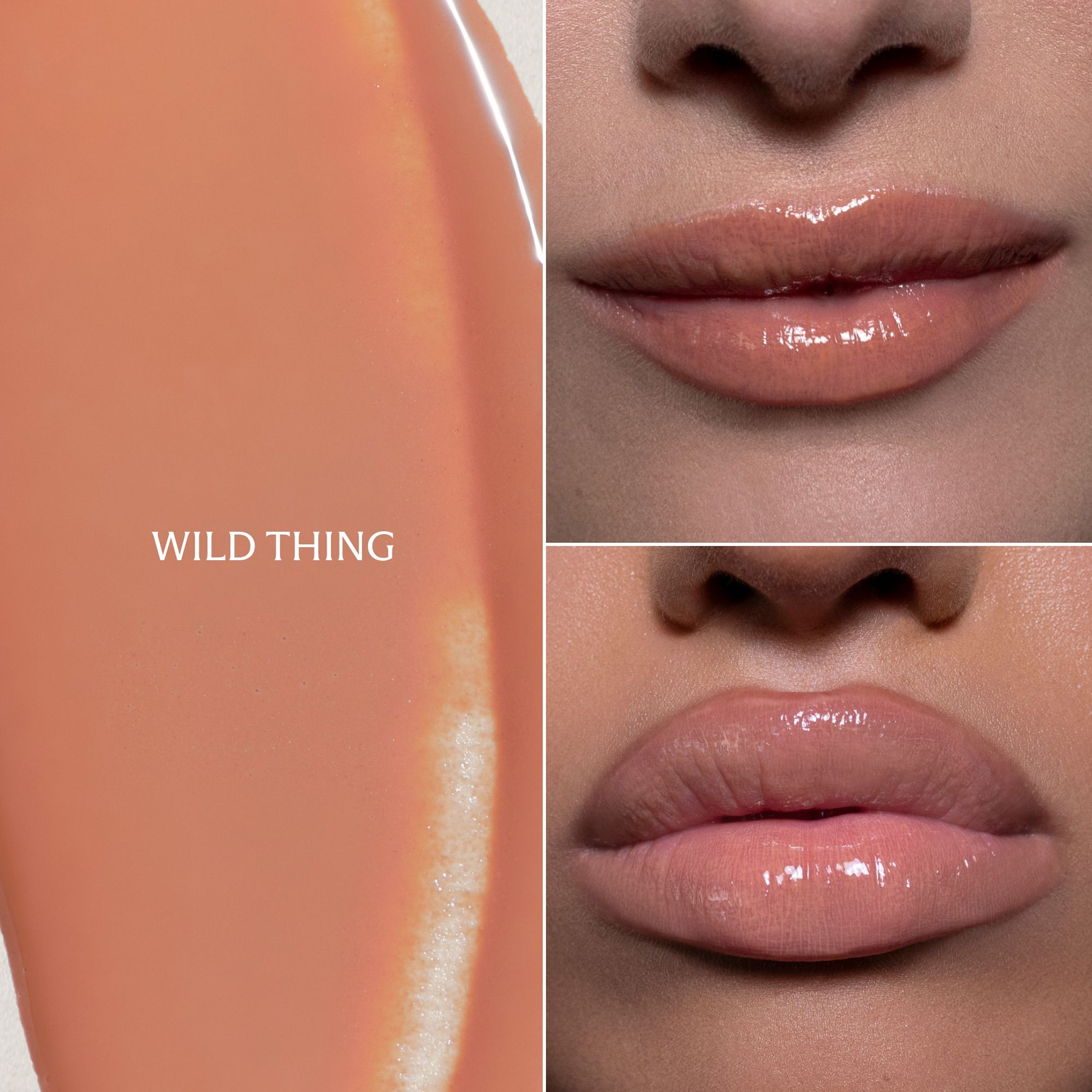 Lip gloss color swatch and model close-up showing a glossy peachy nude shade labeled WILD THING.