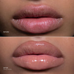 Close-up before-and-after comparison of lips wearing a glossy lip product. The top panel is labeled BEFORE and shows matte pink lips.