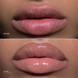 Close-up before-and-after comparison of lips wearing a glossy lip product. The top panel is labeled BEFORE and shows matte pink lips.