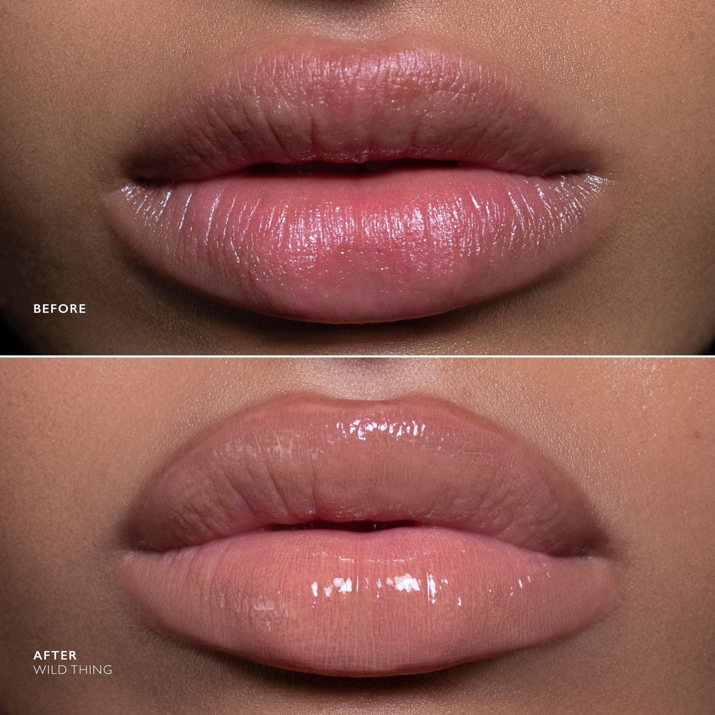 Close-up before-and-after comparison of lips wearing a glossy lip product. The top panel is labeled BEFORE and shows matte pink lips.