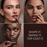 Four-panel beauty collage showing a model applying and wearing a lip product, with the text 'SHAPE IT. SMOKE IT.