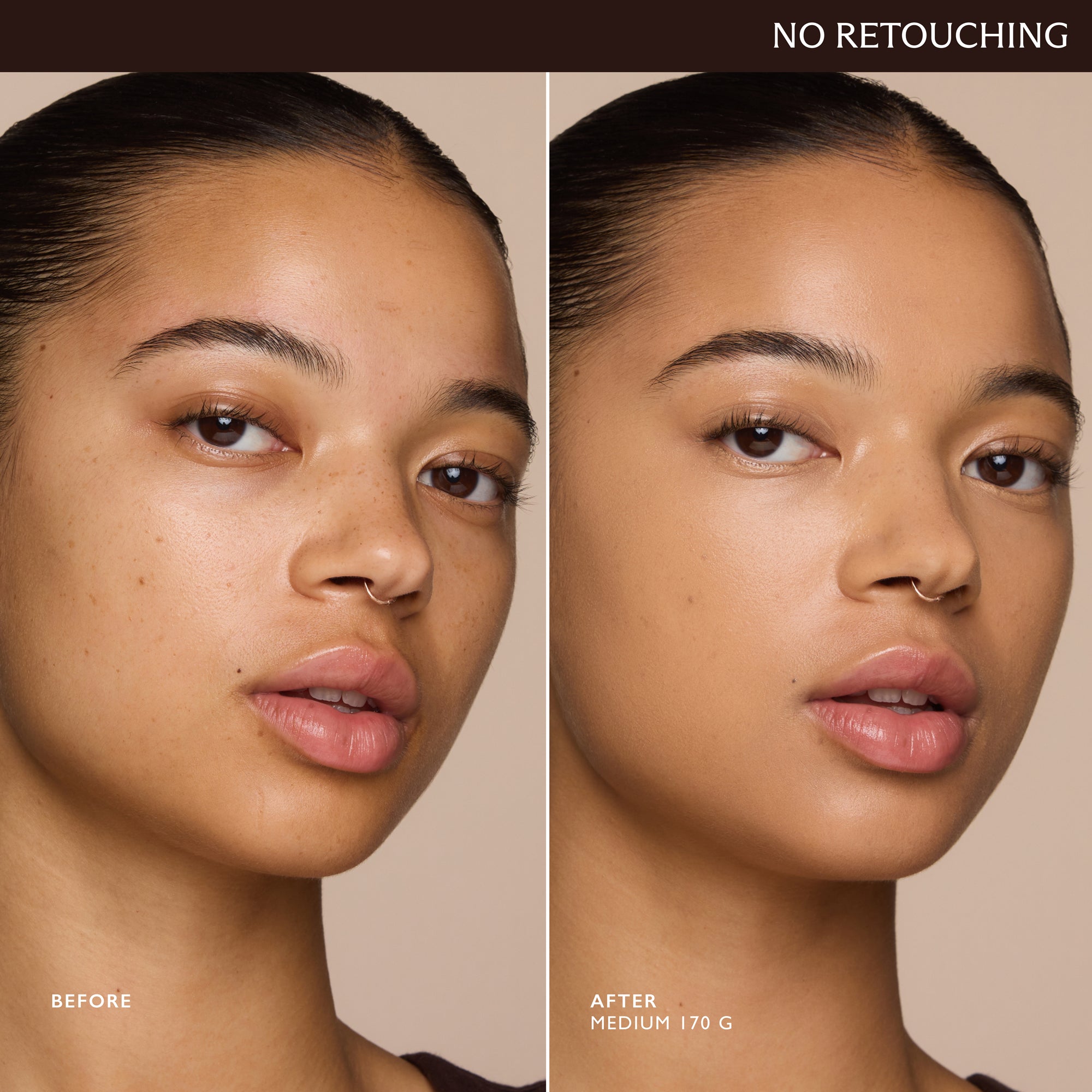 Before and after unretouched comparison of m.ph Le Skin foundation in shade Medium 