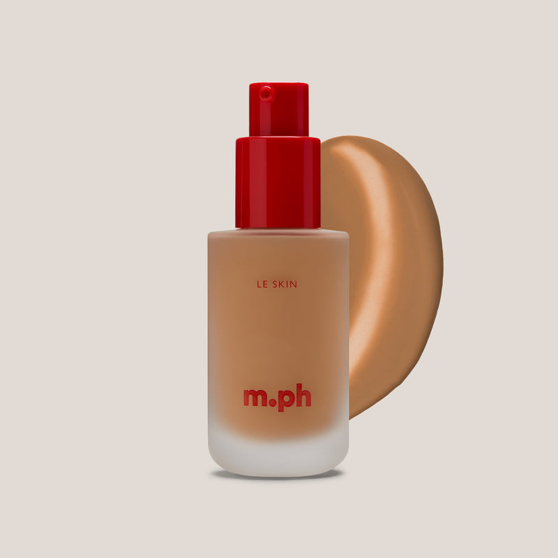 m.ph Le Skin serum foundation bottle with a red cap, shown alongside a swatch of shade 220 on a beige background.
